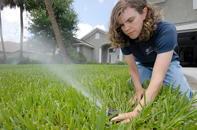 UF/IFAS faculty adjusting irrigation head in a St. Augustinegrass lawn