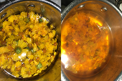 yellow flowers and water in a stainless steel saucepan, in the second photo the flowers have nearly disintegrated