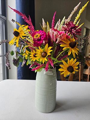 Cut flowers in a vase including bright yellow black-eyed Susans with brown centers, pink zinnias and long spikes of plume celosia