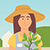 Small illustration of a woman wearing a gardening hat and holding a plant