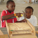 Boys building a bat house