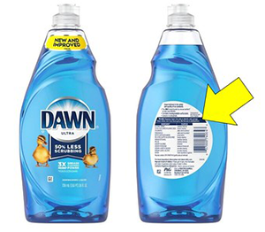 Image of a bottle of blue Dawn liquid dish soap showing the front and back labels with a yellow arrow pointing to the back label