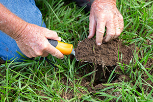Photo of hands using a spade to dig up dark soil in a lawn