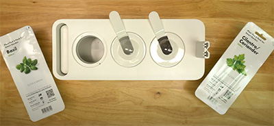 White container with three inserts, plus two small packages holding plant pods