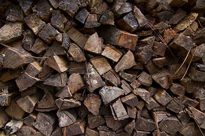 A wall of stacked cut logs for firewood