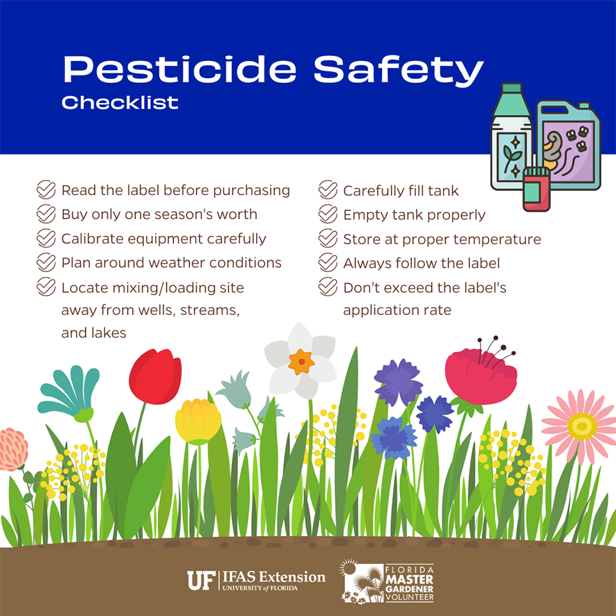 infographic with list of safety precautions, along with illustration of flowers growing and cutesy version of pesticide containers