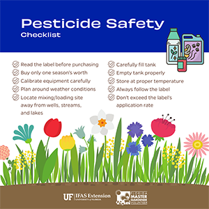 Tiny list of pesticide safety tips with illustration of flowers growing