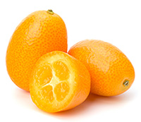 Three bright orange kumquats, one cut in half to reveal the bright orange flesh