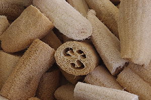 A pile of dried luffa sponges
