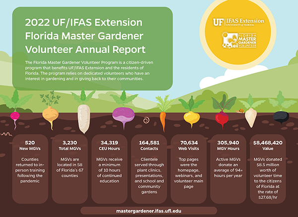 A illustrated version of the Florida Master Gardener report for 2022, text is also below