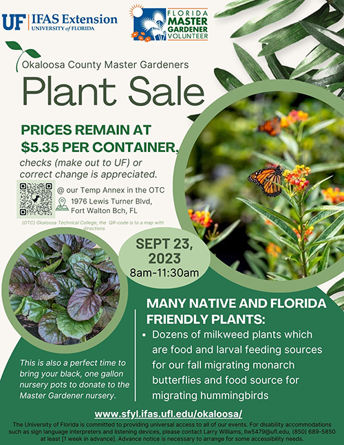 Graphic image of sale information with photos of butterflies and plants, plus a QR code for a map; larger image at link