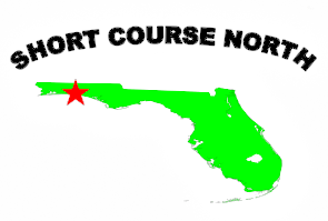 the state of Florida in bright green, with a red star marking the location on the panhandle and the words Short Course North