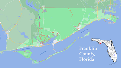Map of Franklin County, Florida showing that it's mostly coastal and wide