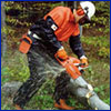 Man using chainsaw to cut up downed tree and wearing all the safety gear