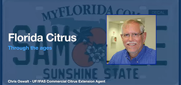 Webinar title Florida Citrus Through the Ages with Chris Oswalt, with his photo and the Florida license plate as a background image