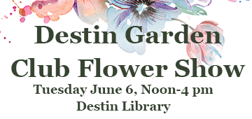 Destin Garden Club Flower Show info including time noon to 4 pm and location Destin Library, over watercolor like illustration of flowers