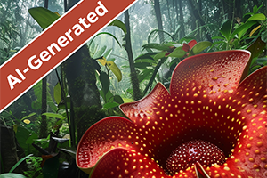 Artificial-intelligence generated image of giant red tropical flower with a banner noting it's AI generated.