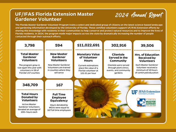 Illustration of facts and figures from 2024 for the Florida Master Gardener Volunteer program.