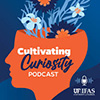 Cultivating Curiosity podcast icon has an orange head with blue and white flowers coming out the top