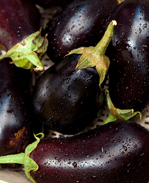 Dark purple eggplants that are wet from washing