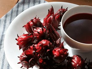 Red roselle calyxes on saucer next to a cup of reddish tea