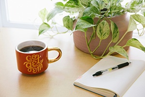 A sunlit desk, on which is a potted plant, a coffee mug with the words "Go get em" on it, and an open notebook.