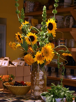 A bouquet of sunflowers on display