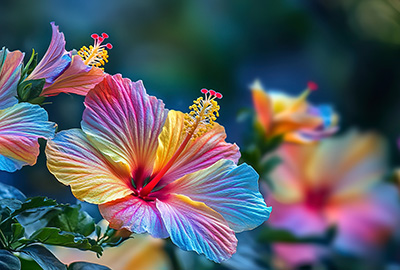 An AI-generated image of multicolored hibiscus flowers.