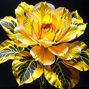 An AI-generated image of a yellow rose-like flower. It's difficult to tell if the lowest layer is made up of petals or leaves.