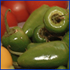 Deep green jalapeno peppers with a bit of red behind them