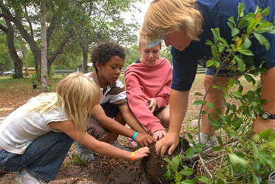 Three young children help place a small tree into its hold with the help of an adult.