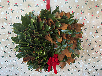 A wreath of big glossy green magnolia leaves, some of which show their golden-rust colored undersides as a deep contrast.